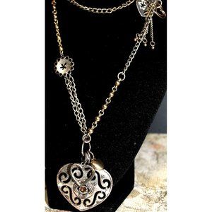 Silver Gold Heart Charm Necklace Pendant Steam Punk Amber Rhinestone Metal Chain